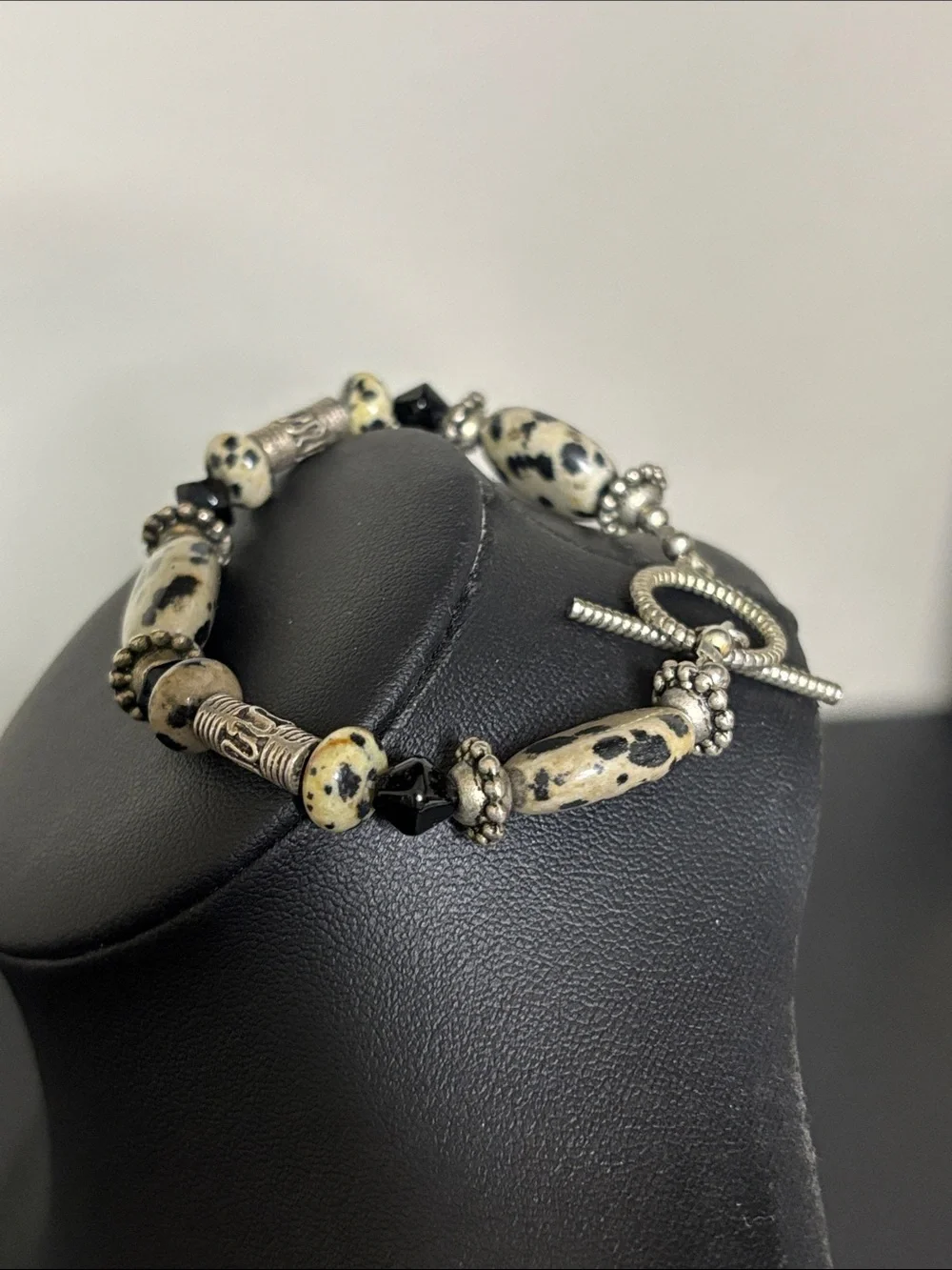 Handcrafted Dalmatian Jasper Stone Beaded Toggle Bracelet - Black Cream
